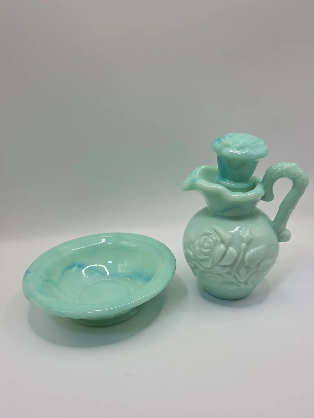 Avon Victorian Rose Milk Glass Pitcher And Bowl Teal Vintage